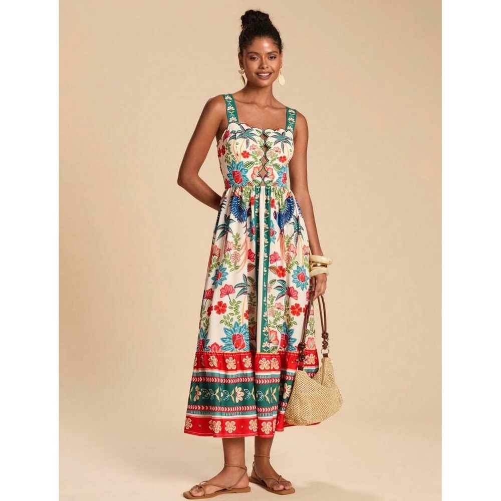 Tropical Floral‎ Macaw Print Scalloped Cutout Midi Dress Cream Multi Large